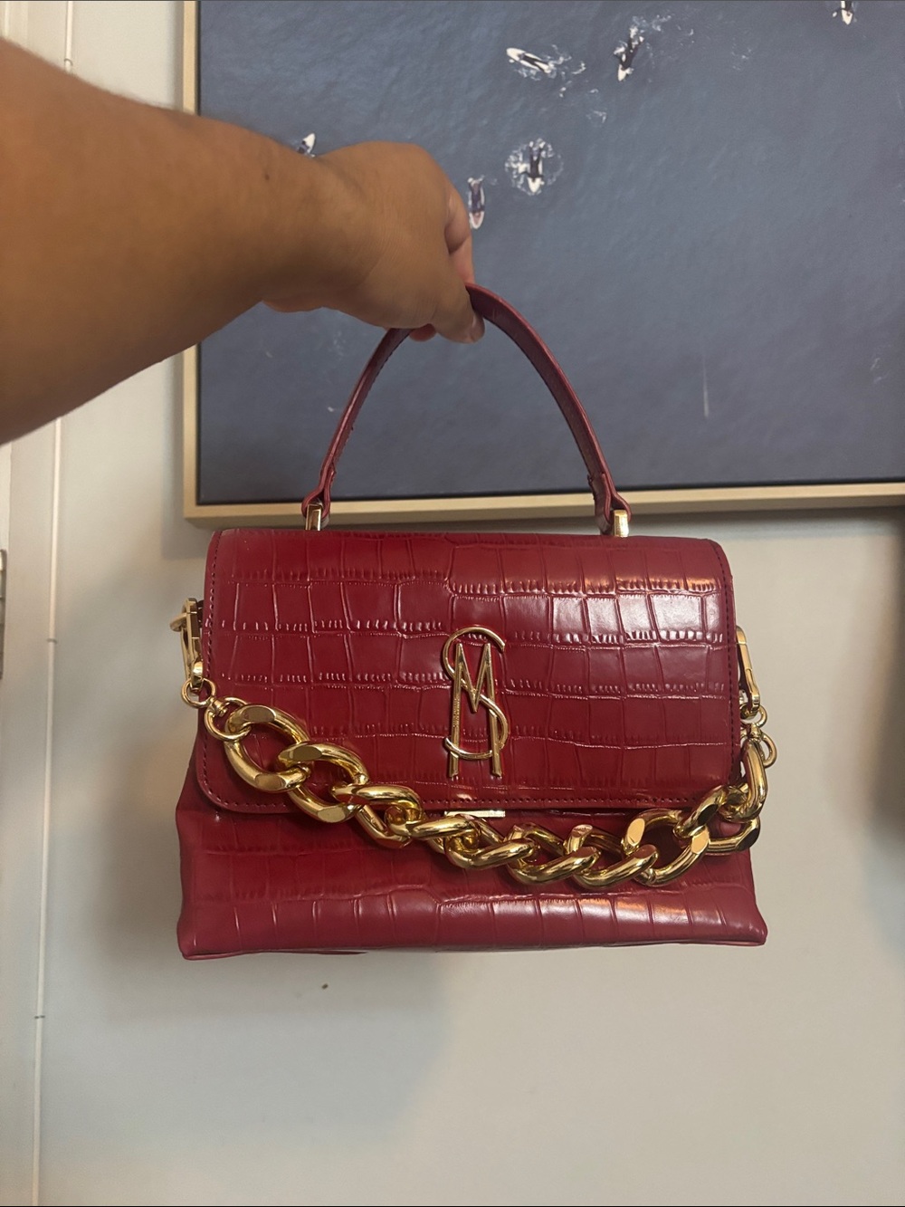 Steve Madden Red Croc-Embossed Top Handle Bag with Gold Chain